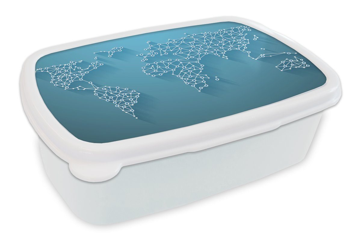 MuchoWow Lunchbox Weltkarte - Linien - Blau, Kunststoff, (2-tlg), Brotbox für Kinder und Erwachsene, Brotdose, für Jungs und Mädchen weiß | Lunchboxen