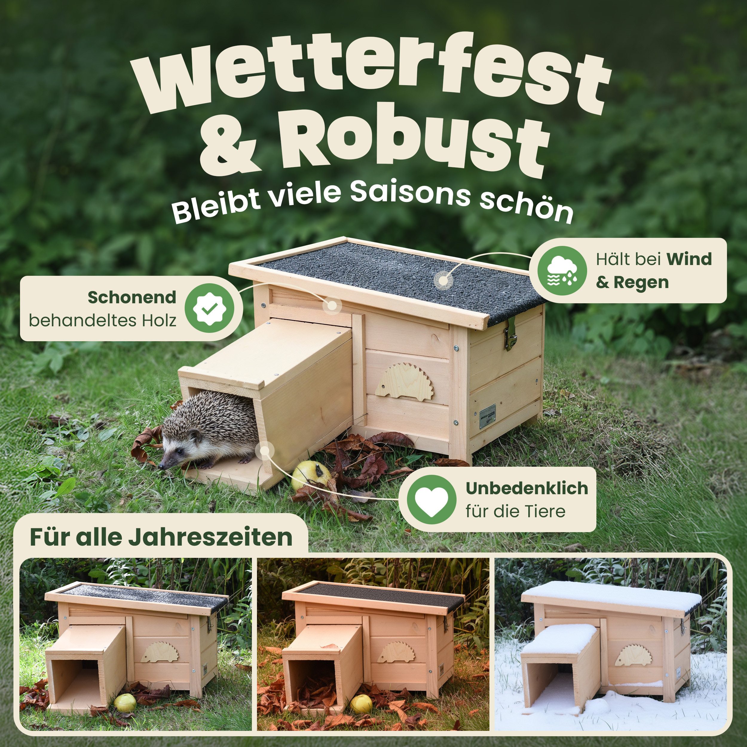 Zooprinz Igelhaus Hugo mit Tunneleingang, abnehmbarem Bitumendach, Winter, Wetterfest, massives Vollholz, Igelhütte Winterquartier