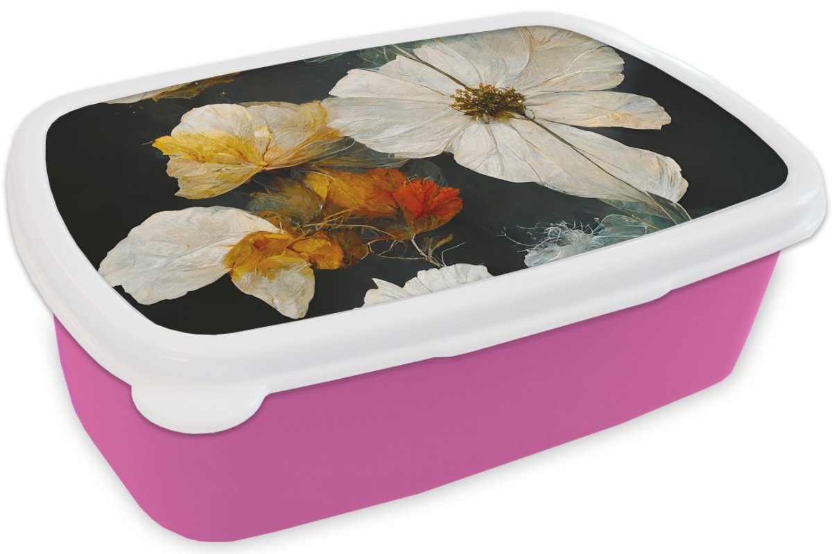 Weiß, Lunchbox rosa Kunststoff, - Brotdose Kinder, Blumen (2-tlg), Mädchen, Brotbox Erwachsene, Schwarz für - Pflanzen Snackbox, - Kunststoff MuchoWow