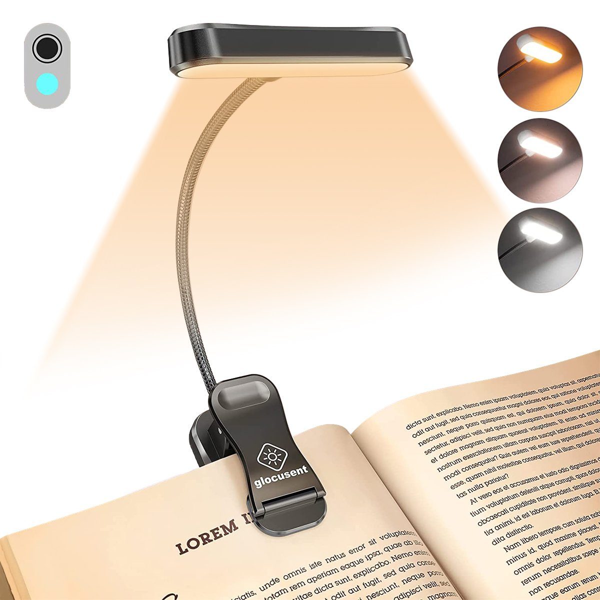 LANOR LED Klemmtischleuchte LED Leselampe, Mini Leselampe Buch, 3 Farben und 5 Helligkeitsstufen, Wiederaufladbares Leselicht für das Lesen im Bett, Augenpflege