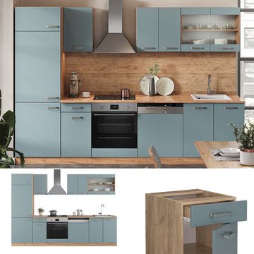 Livinity® Küchenzeile R-Line, Blau-Grau/Goldkraft Eiche, 300 cm, AP Eiche