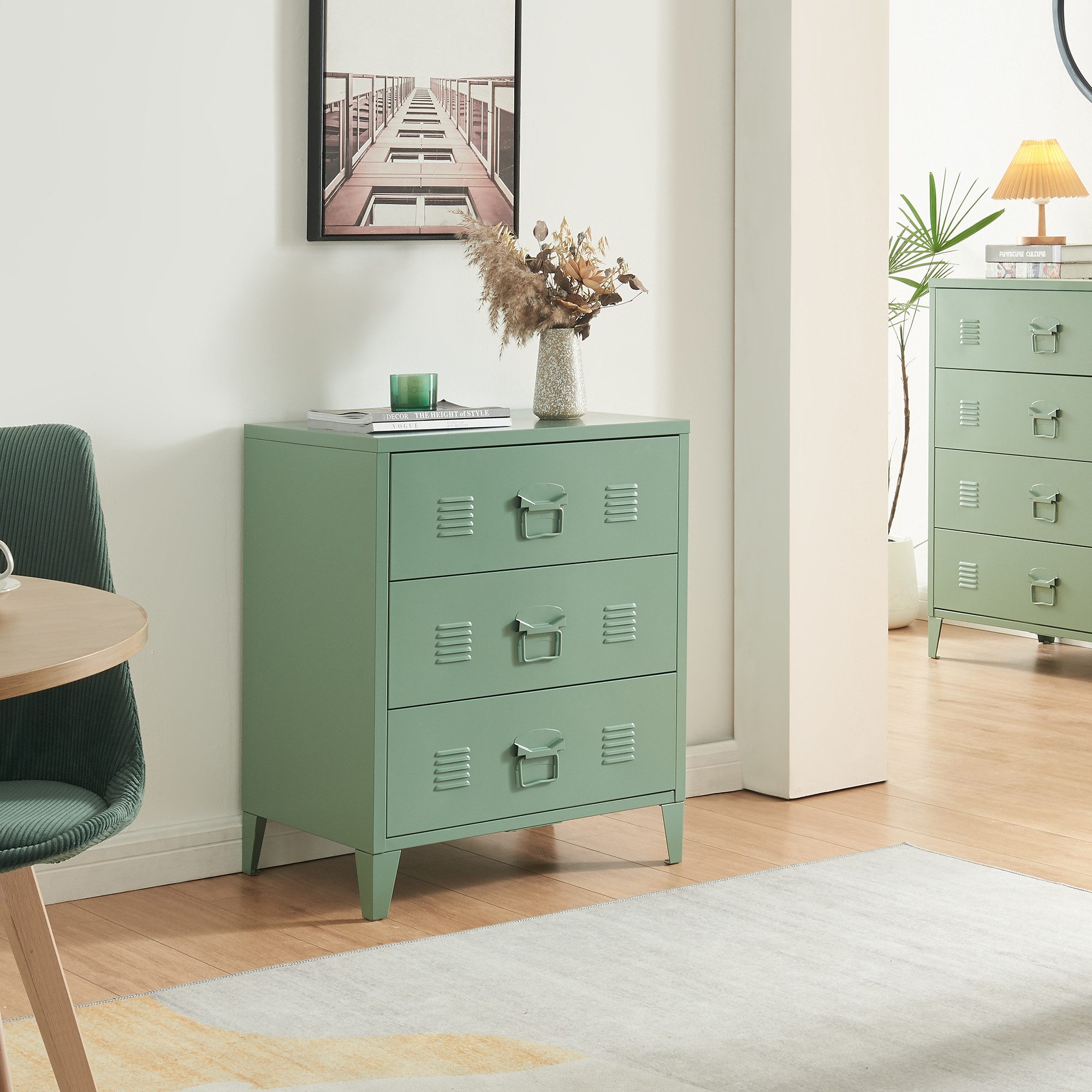 en.casa Mehrzweckschrank »Hämeenlinna« mit 3 Schubladen Stahl Mattgrün günstig online kaufen