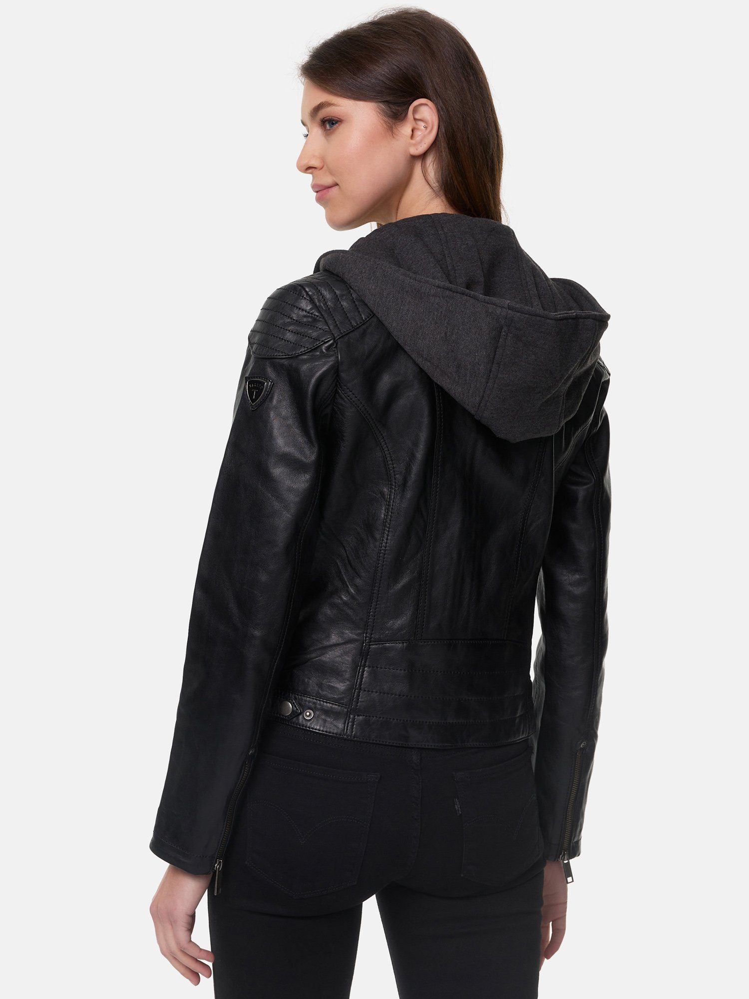 Kapuze schwarz Leder Jacke F503 mit im Damen abnehmbarer Look Tazzio Biker Lederjacke