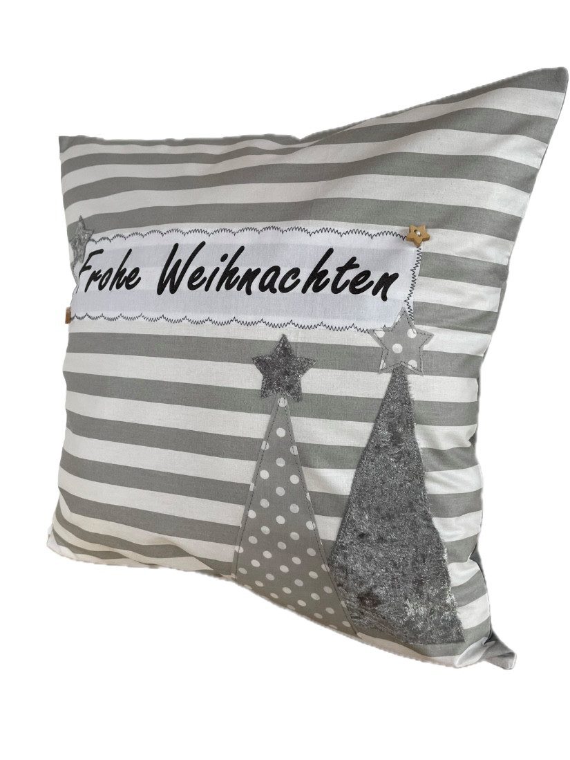Ammerkind Dekokissen Landhaus Kissenhülle "Frohe Weihnachten" grau/weiß gestreift, Kissenhülle ohne Füllung