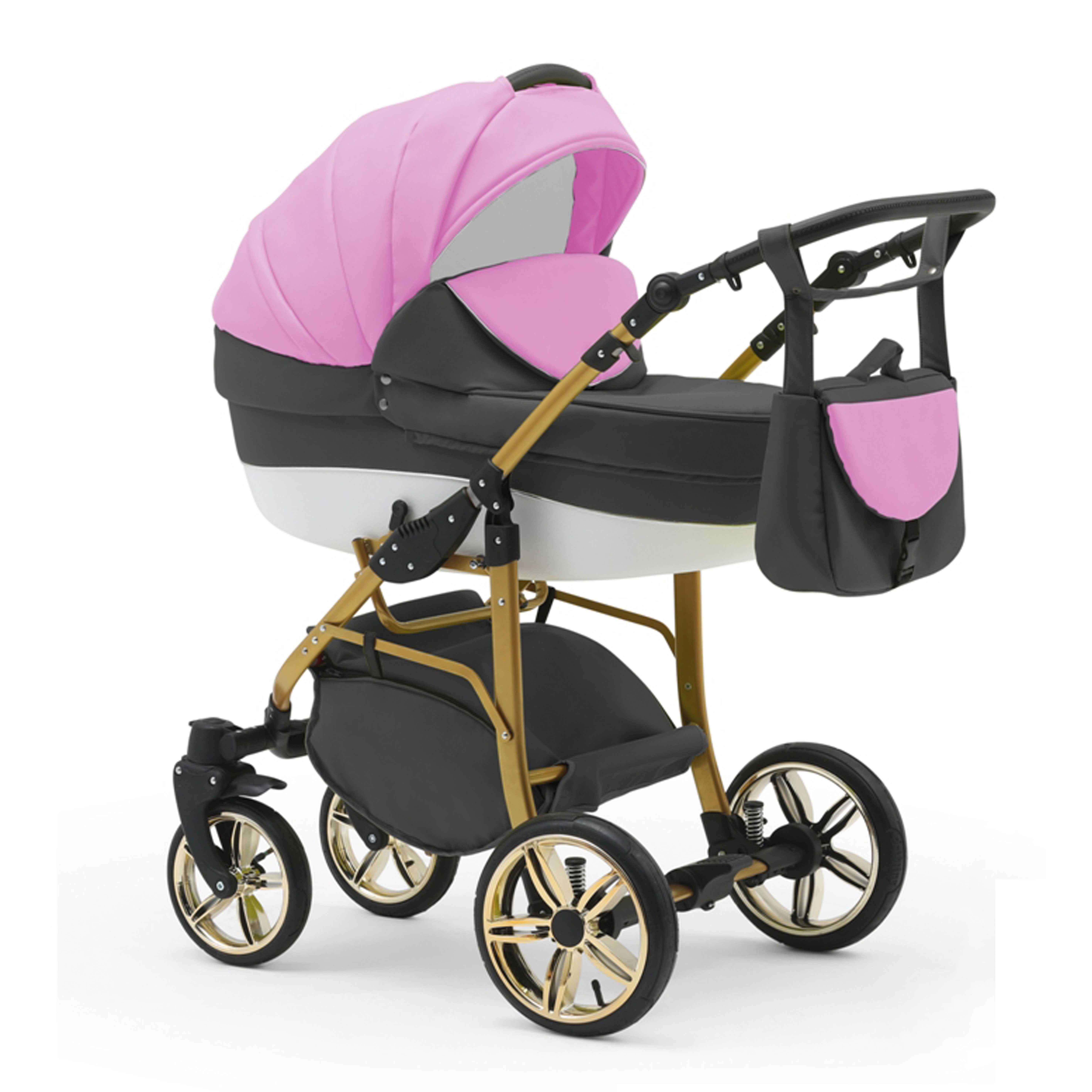 babies-on-wheels Kombi-Kinderwagen 2 in 1 Kinderwagen-Set Cosmo ECO Gold - 13 Teile - in 46 Farben Pink-Grau-Weiß | Kombikinderwagen