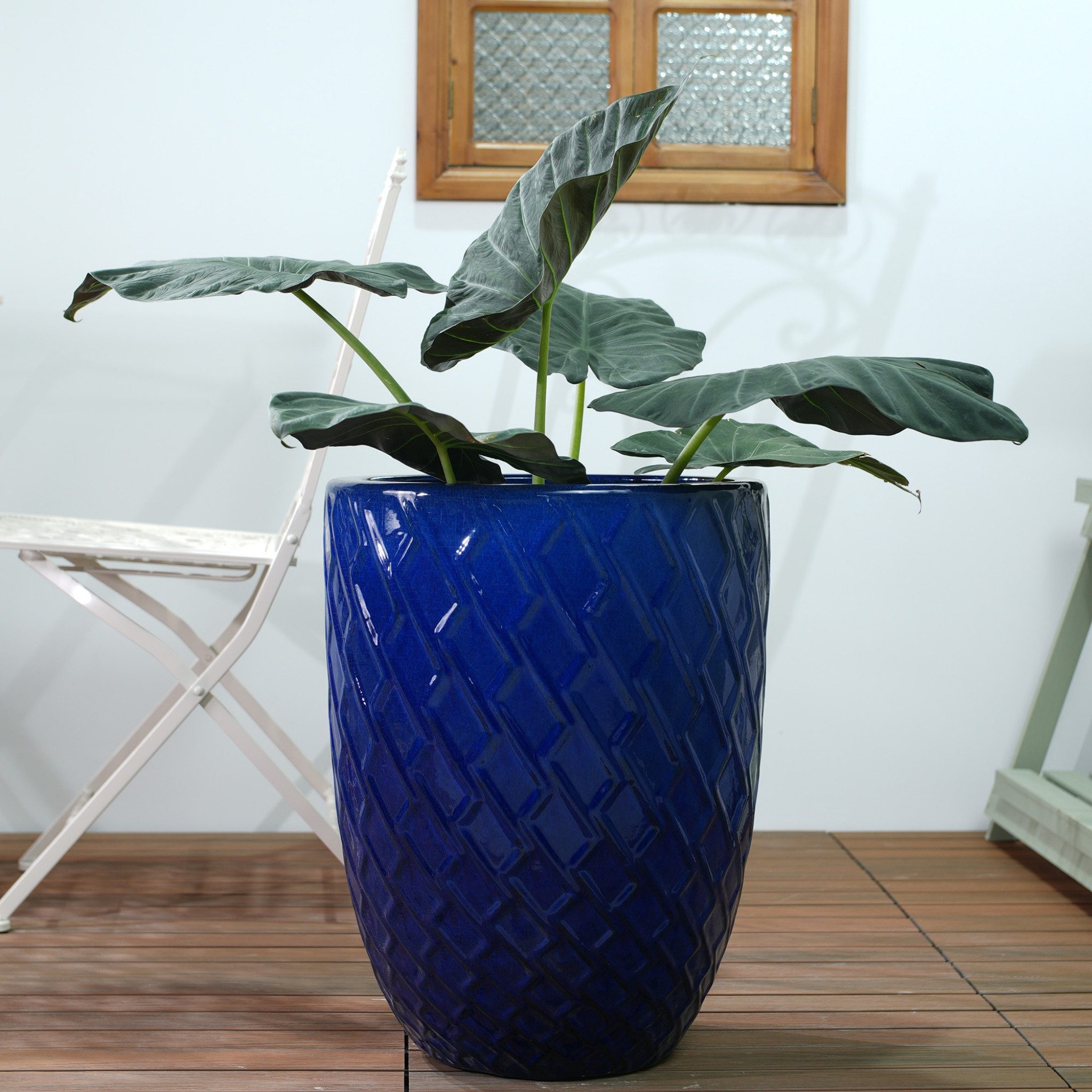 Blossom Blumentopf Großer Keramik Pflanztopf 54cm handgefertigter Blumentopf, Übertopf mit Rautenmuster Königsblau für Zimmerpflanzen und Garten