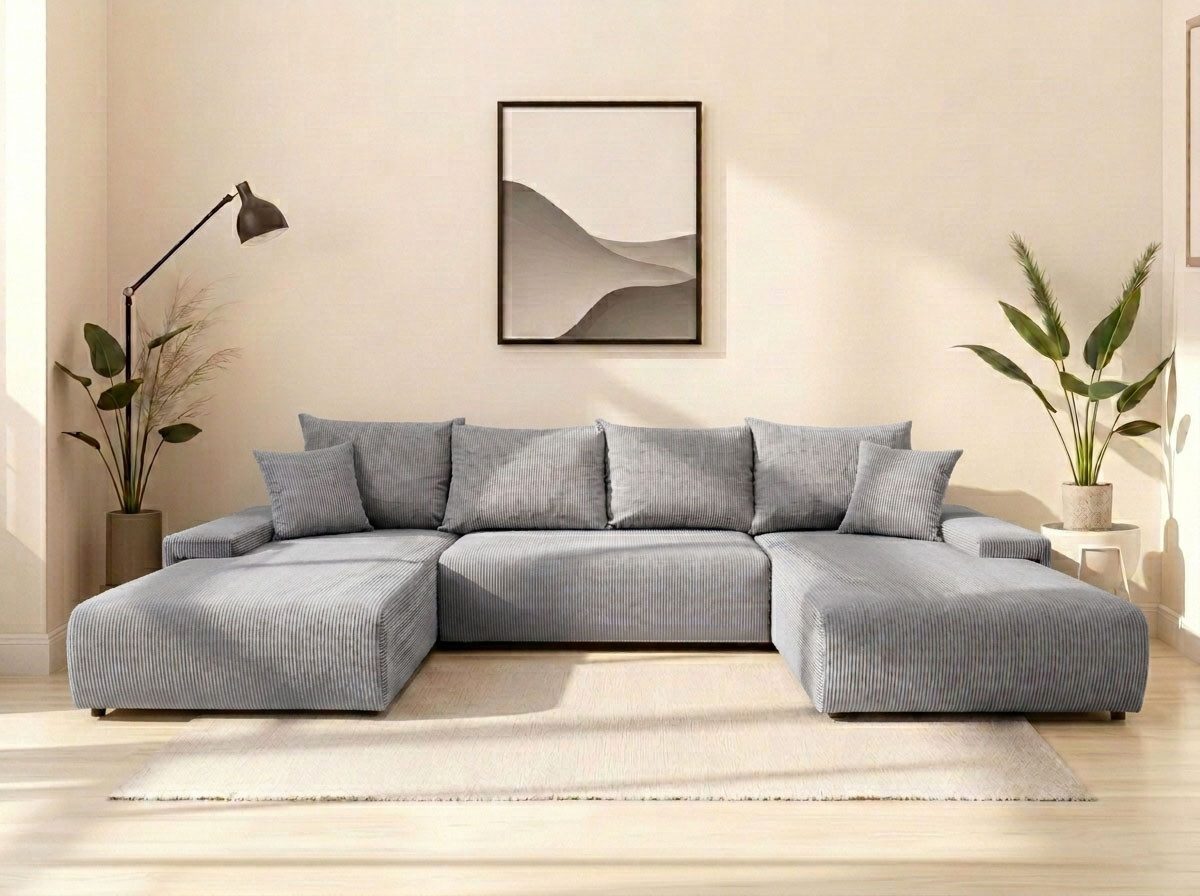 WERK2 Wohnlandschaft Amalfi 348 x 188 cm viel Platz, Liegewiese, Bettfunktion & Bettkasten, Cord, U-Form, XXL, Schlaffunktion, Bettkasten