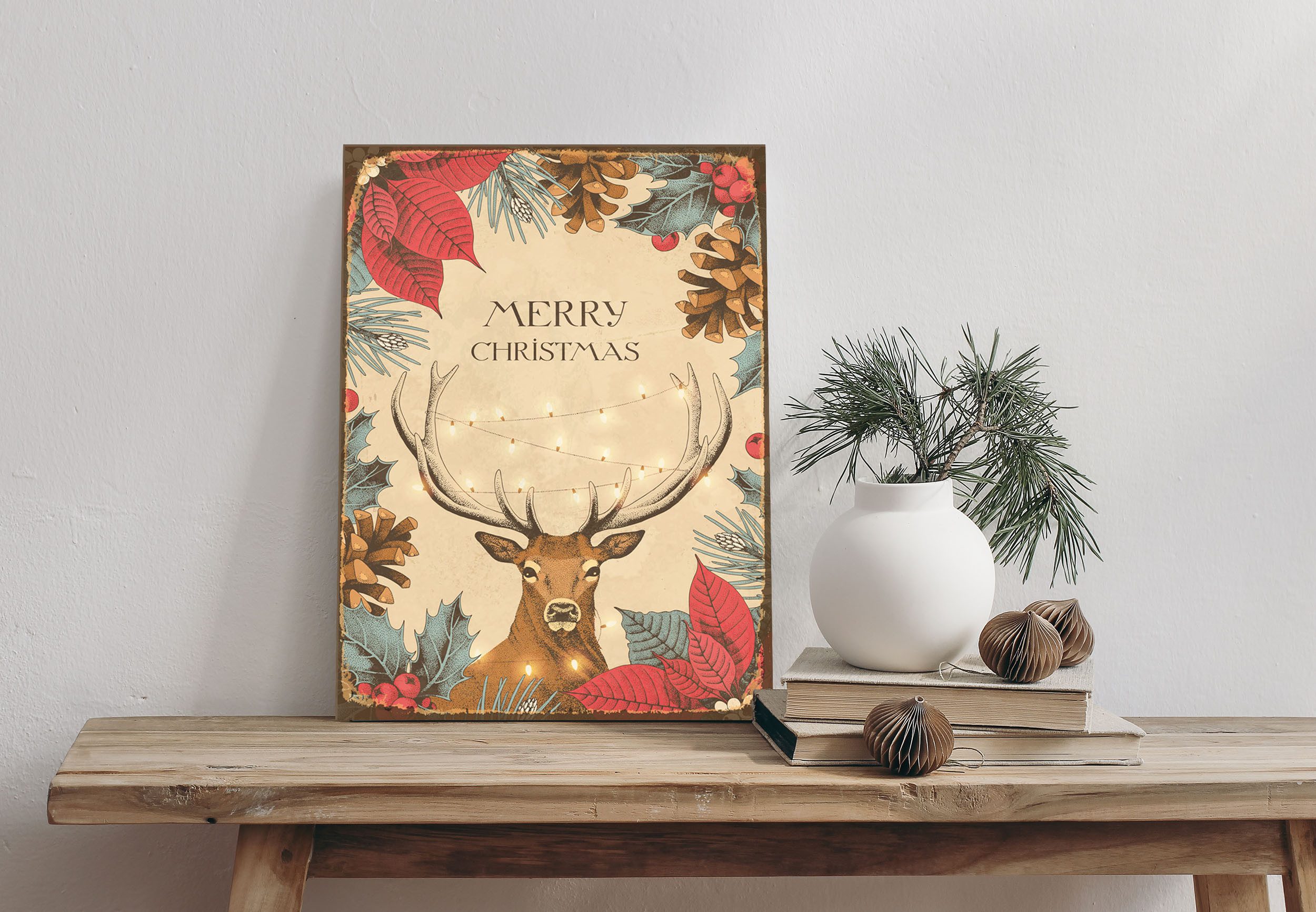 queence Alu-Dibond-Druck Hirsch, Hirsch, Weihnachten (1 St), Blätter, Tannenzweige, Schild