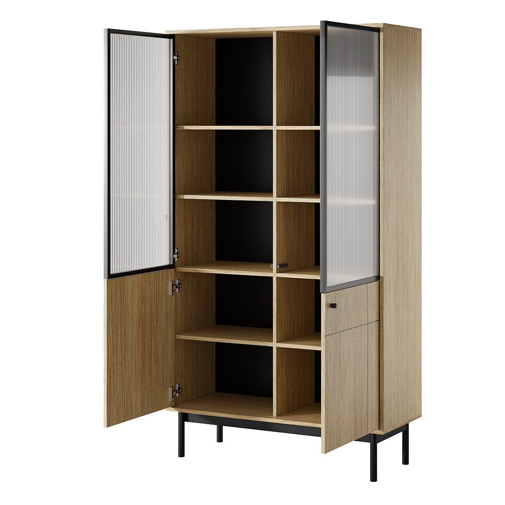 Lomadox Vitrine JANTAR-160 in Eiche, schwarzen Holzfüßen, gefräste Front, 103,5 cm breit