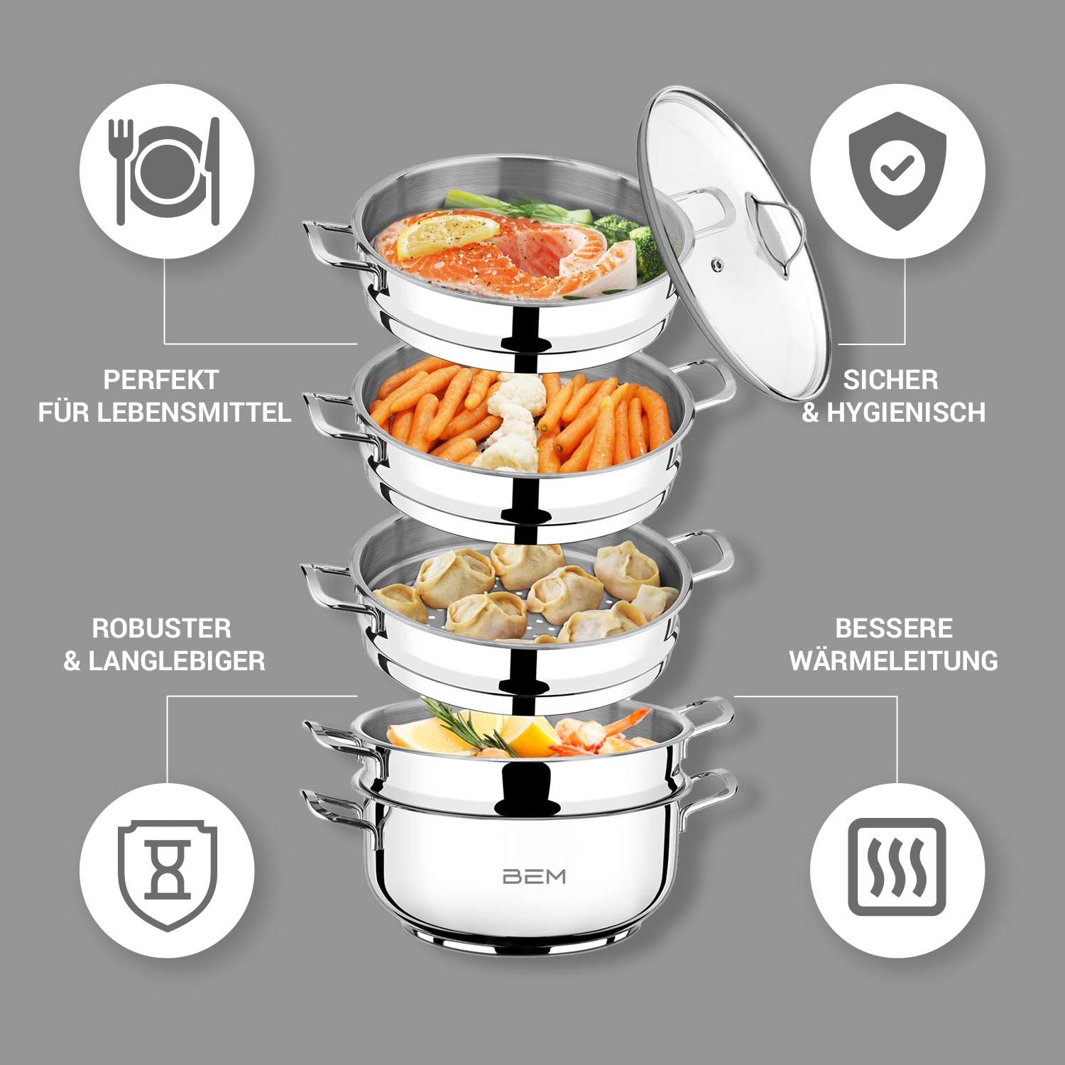 Leku Dampfgartopf 27cm - Edelstahl Stapelbar Mit Glasdeckel