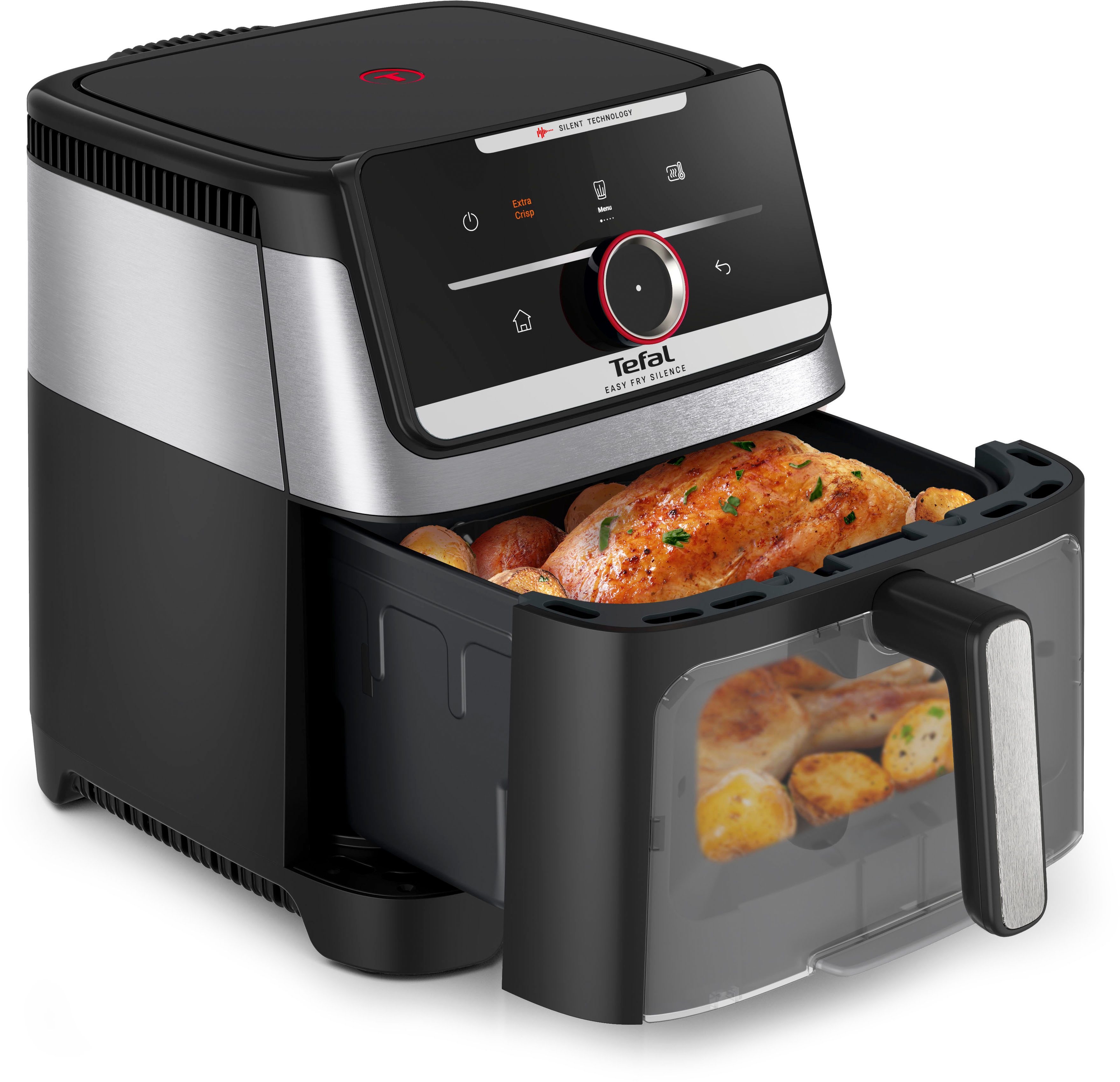 Tefal Heißluftfritteuse Easy Fry Silence, ultra-leise, für bis zu 8 Portionen, Sichtfenster, 1800 W, über 55 voreingestellte Programme, abnehmbares Frontelement, EY876D