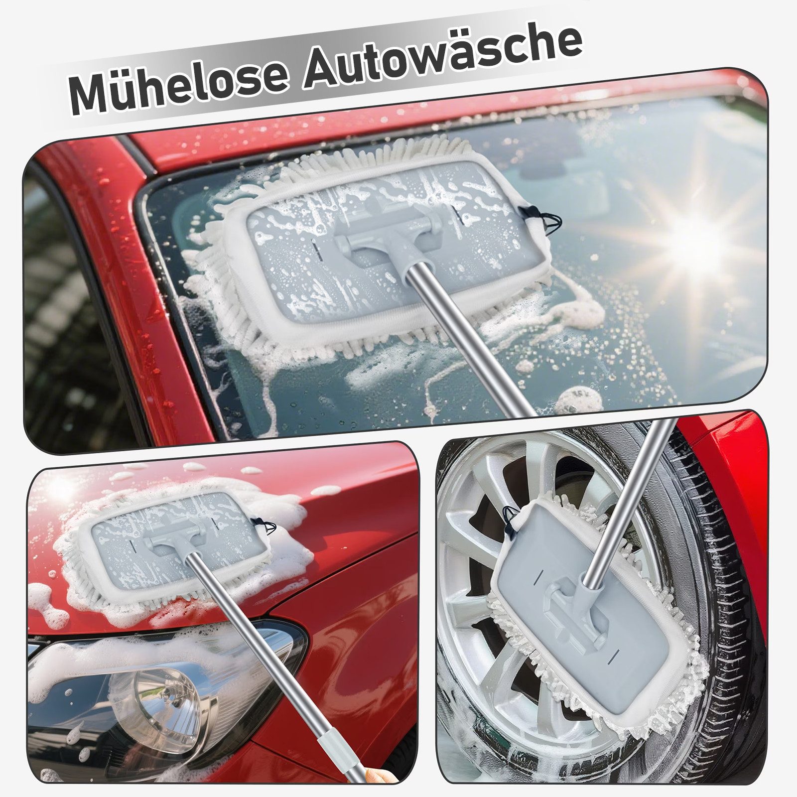 HUGERSTONE Autowaschbürste 180 Drehbar Auto Reinigungsbürste, Auto Waschbürste mit Teleskopstiel, Waschbürst für PKW SUV LKW Wohnmobil Fenster Boote, (Autowasch – Bild 4 von 5