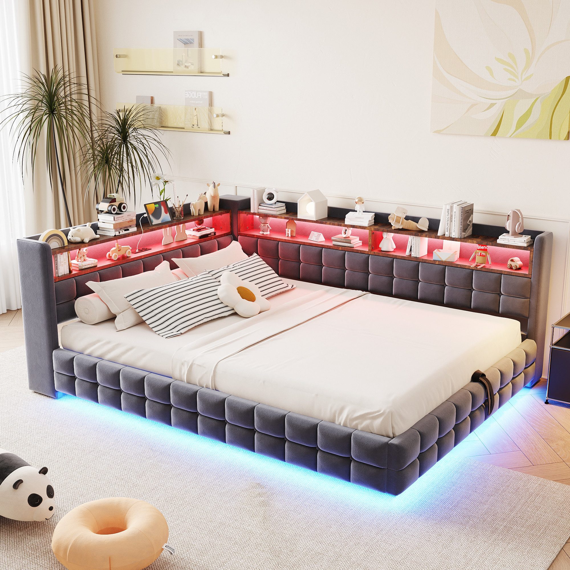 REDOM Schlafsofa Hydraulischer Stauraum, LED-Beleuchtung, USB- & Typ-C-Ladeanschlüsse, Polsterbett Stauraumbett 140x200 cm 1 Teile, Inklusive Matratze