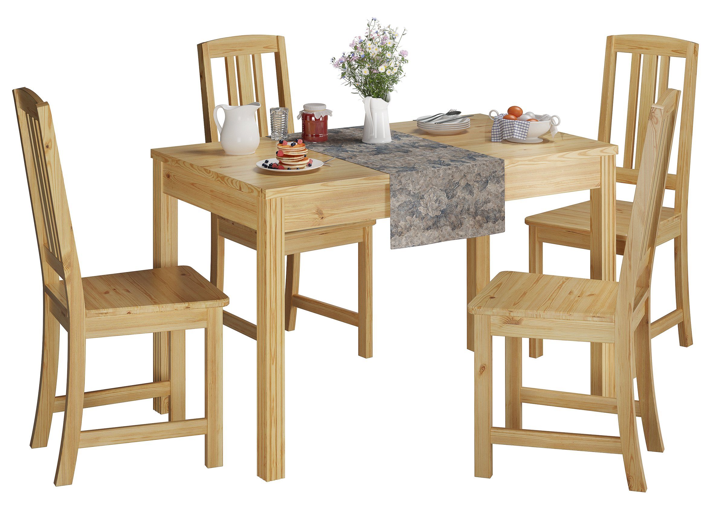 ERST-HOLZ Essgruppe Stilvolle Essgruppe natur Massivholz in 4 Tisch und Stühle Kiefer mit