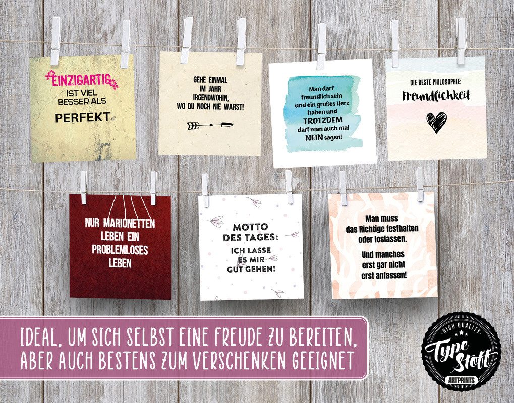 TypeStoff Grußkarten TypeStoff Spruchkarten Set Hygge 25 Karten 50 Sprüche 10,5x10,5 cm, 50 Sprüche auf 25 Karten 300 g/m² FSC-Papier Format 10,5 x 10,5 cm