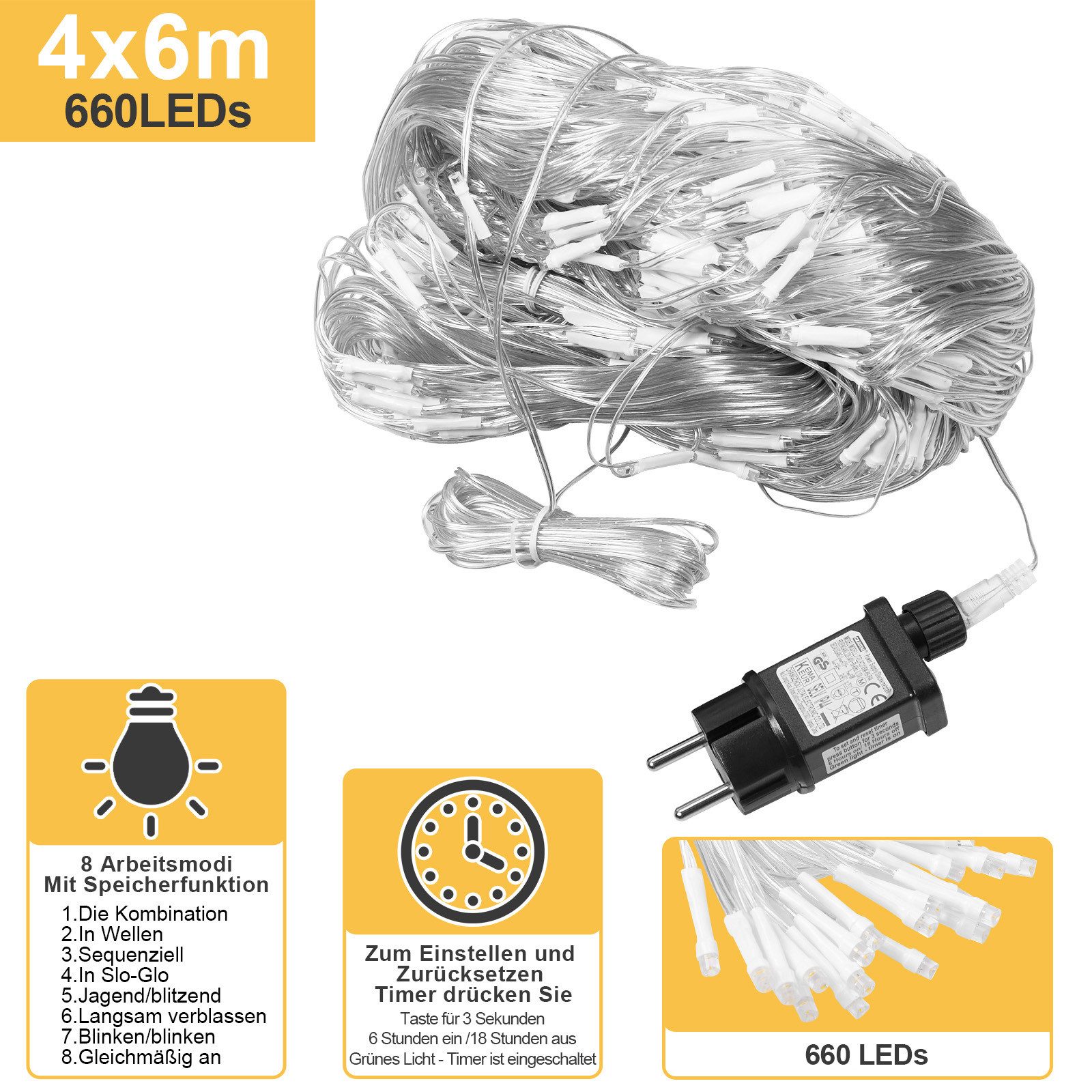 MUPOO LED-Lichternetz LED Lichternetz Warmweiß,6W Energiesparen, 8 Modi Lichterkette,6x4 m, 8 Modi; Energiesparen;Timer-Funktion; Speicher-Funktion