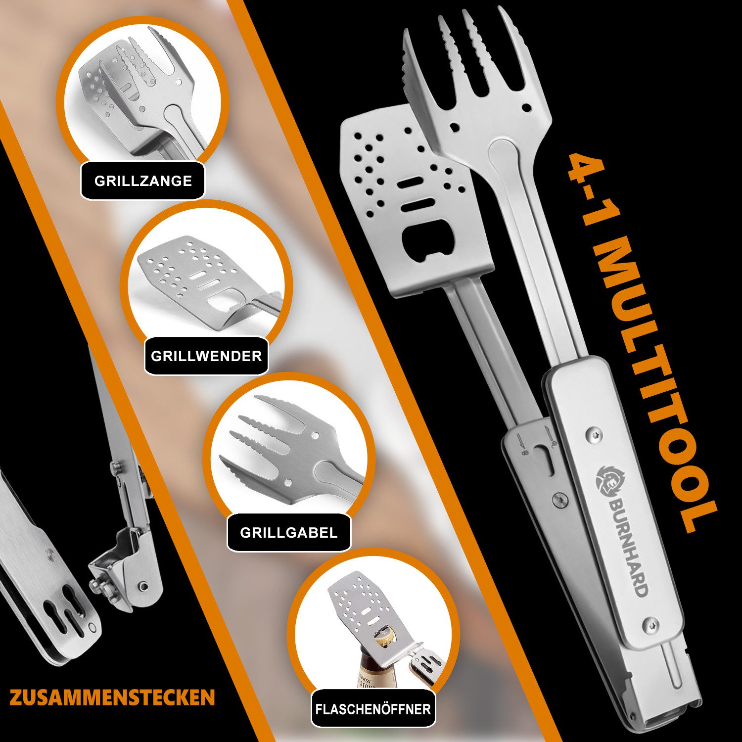 BURNHARD® Grillbesteck-Set Grillbesteck Multitool 4-in-1