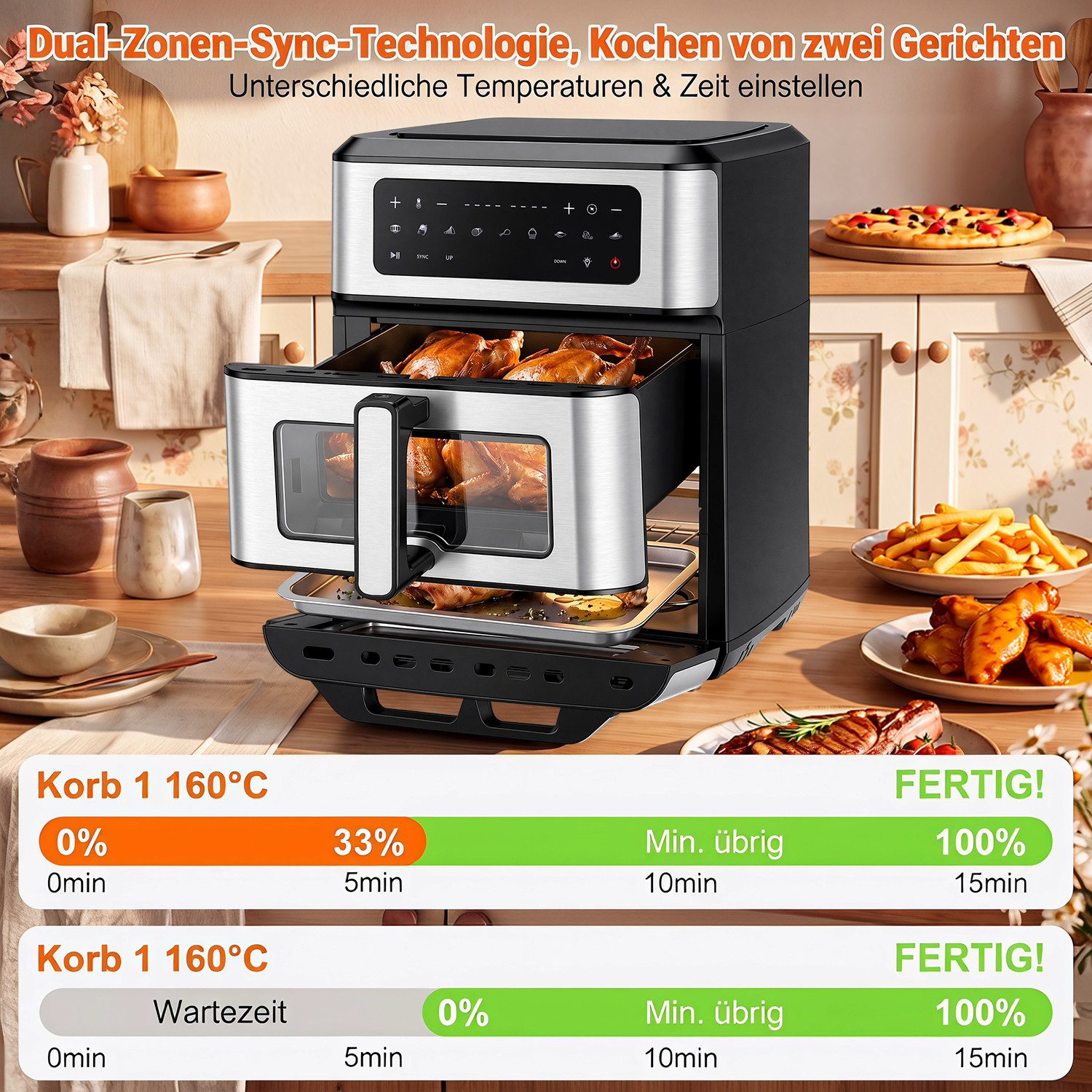 oyajia Heißluftfritteuse 2 Kammern Airfryer mit Pizzaprogramme, 9 voreingestellte Programme,Touchdisplay, Sichtfenster, Unabhängige Temperaturregelung, 2800,00  – Bild 3 von 5