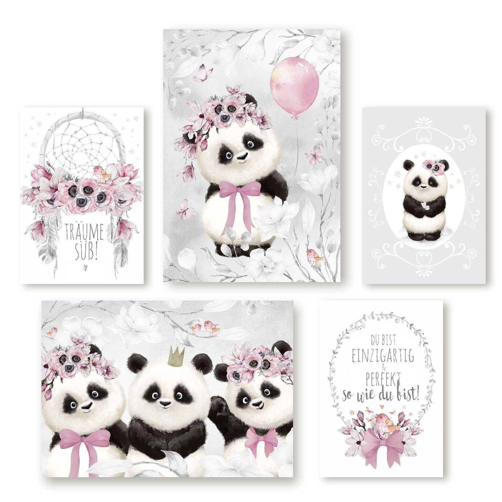 homestyle-accessoires Плакат Kinderzimmerbilder Изображения Изображенияset PANDABÄREN - TRÄUME SÜSS, (5 St), - Ohne Изображенияrahmen - sorgfältige & sichere Verpackung