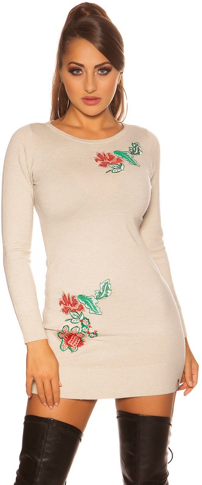 Langarm floralem Minikleid Koucla Akzent, Kleid beige mit Longpullover Blumen