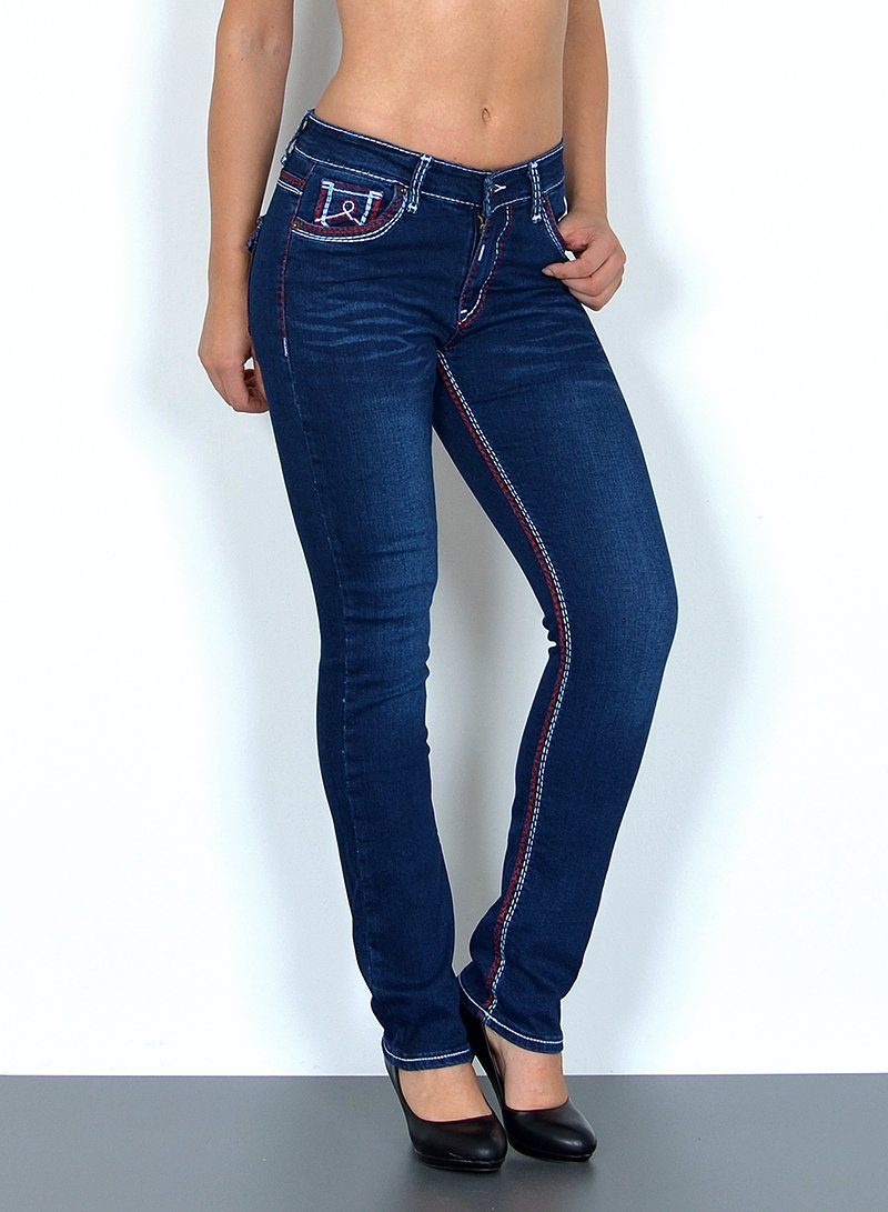 ESRA Straight-Jeans J755 High Waist Straight Fit Jeans Damen mit dicker Naht, bis Übergröße / Plus Size Größe, Damen Straight Leg Jeans mit Kontrastnähten Hoch Bund, Damen Gerade Schnitt Jeans mit weißer / roter Naht Große Größen, Regular Fit Jeans Hose, Damen Jeans, Jeans Damen, Damen Jeanshose mit dicken Nähten, Jeans Damen Hose Große Größe, Jeans Damen High Waist Damen Jeans, Straight Fit Jeans Damen