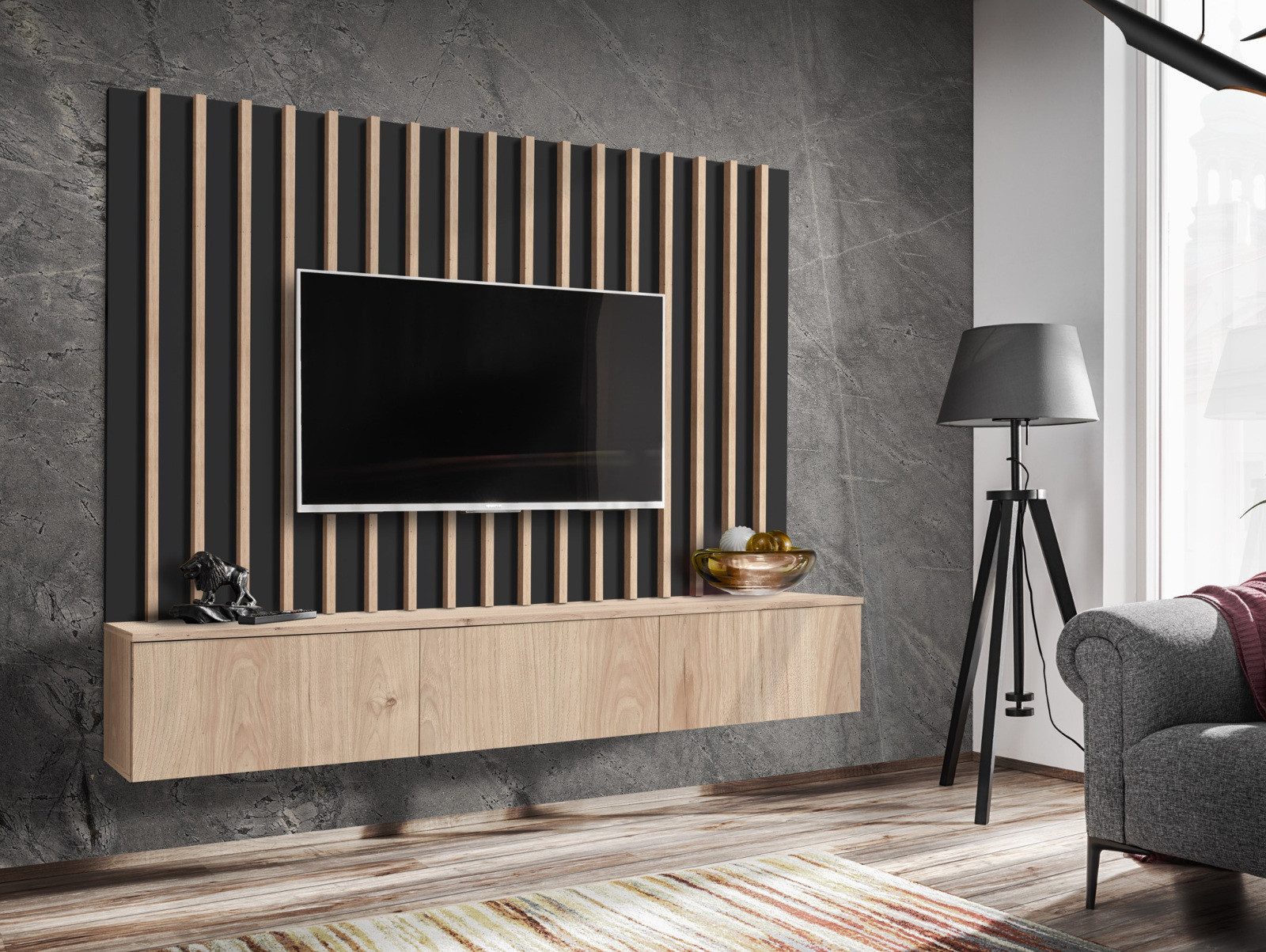 Furn.Design Lowboard Pearl (TV Mediawand in Eiche Dekor, Set, 2 St., Breite 180 cm), inklusive Akustikpaneel, Push-To-Open-Funktion