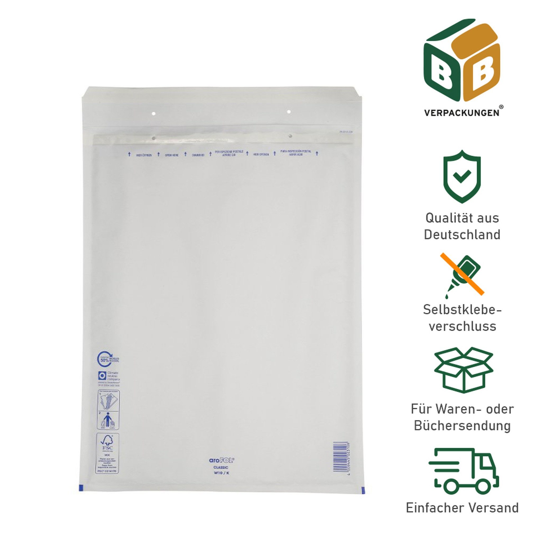 BB-Verpackungen Versandtasche Luftpolsterversandtasche, 320 x 455 mm, Größe: 10 / K, Weiß