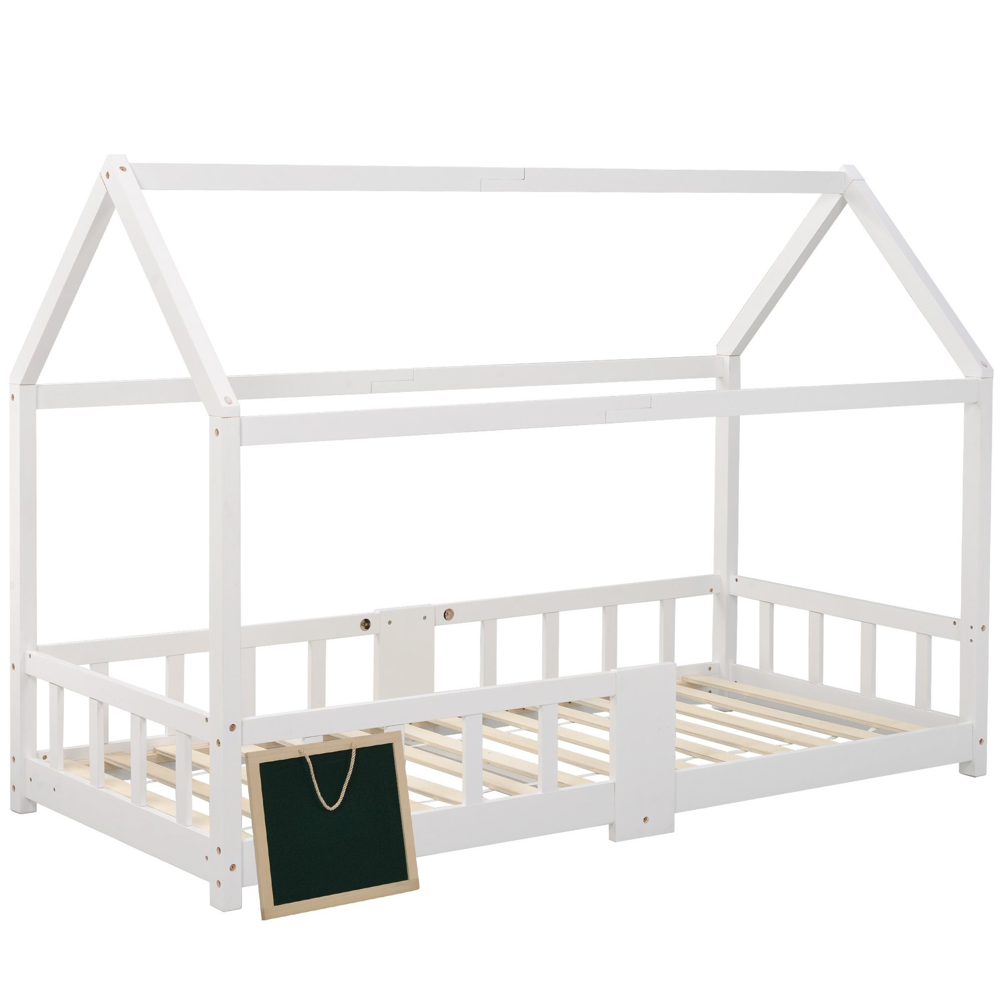 Kinderbett (Hausbett 90x200cm), Kinderbett mit Tafel, Rausfallschutz und Lattenrost, Kiefer