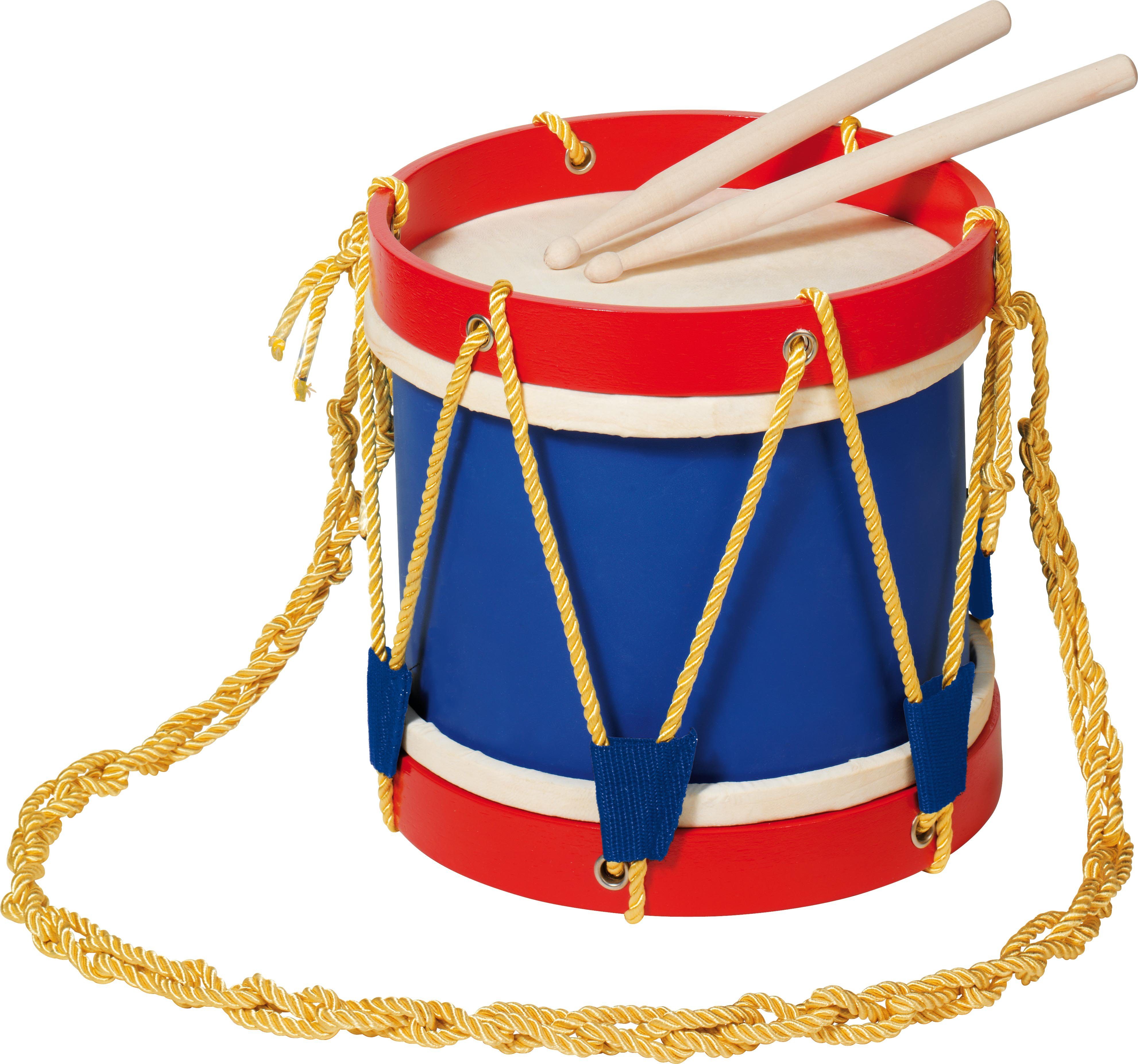 Spielzeug-Musikinstrument Trommel mit zwei Schlägeln und goldener Kordel