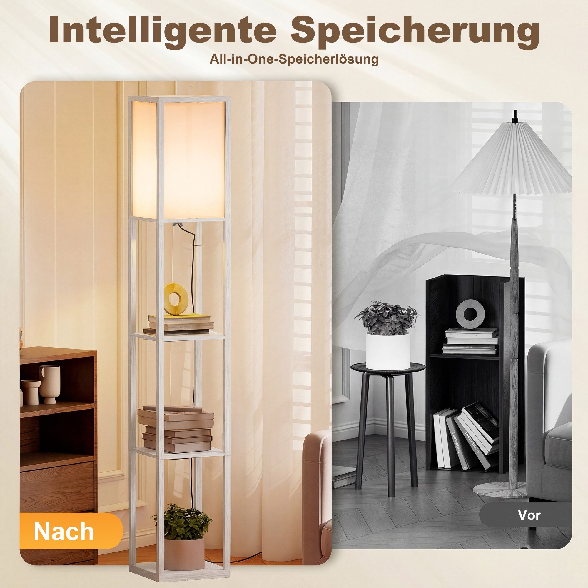 HOMCOM Stehlampe Stehlampe mit Regalen E27 40W Nachttischlampe Acryl Lampenschirm, Ablagefächer, Lichtquelle, Fußschalter, ohne Leuchtmittel, Stehlampe mit Abla – Bild 5 von 5
