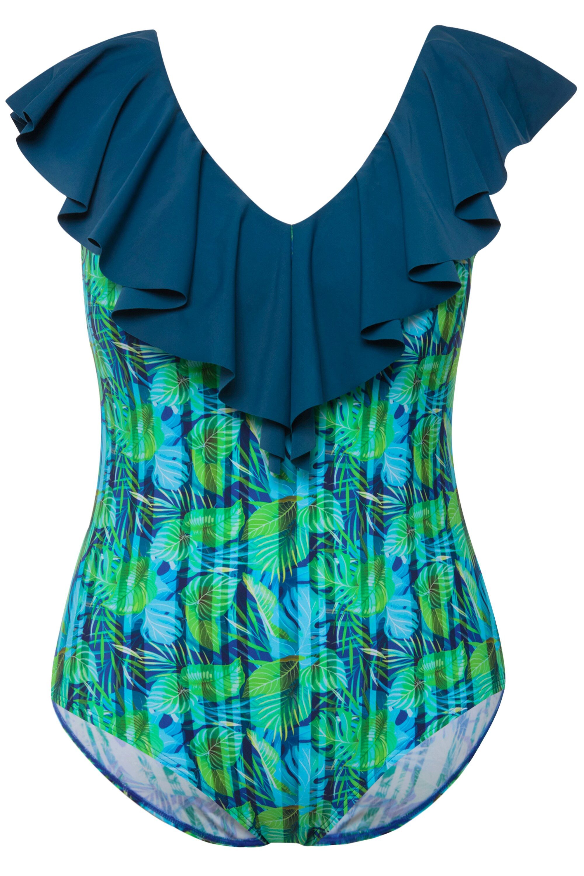 Ulla Popken Badeanzug Badeanzug Blüten Streifen Softcups Volant günstig online kaufen