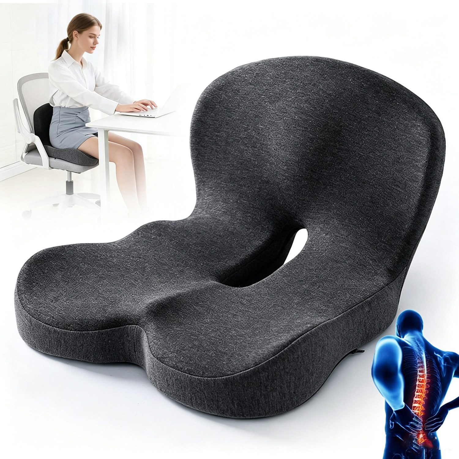 ibettertec Sitzkissen Hämorrhoiden Sitzkissen Orthopädisch für Hämorrhoiden Eisseide Gewebe, Ergonomisches Sitzring Memory Foam Kissen für Bürostuhl Auto Rollstuhl