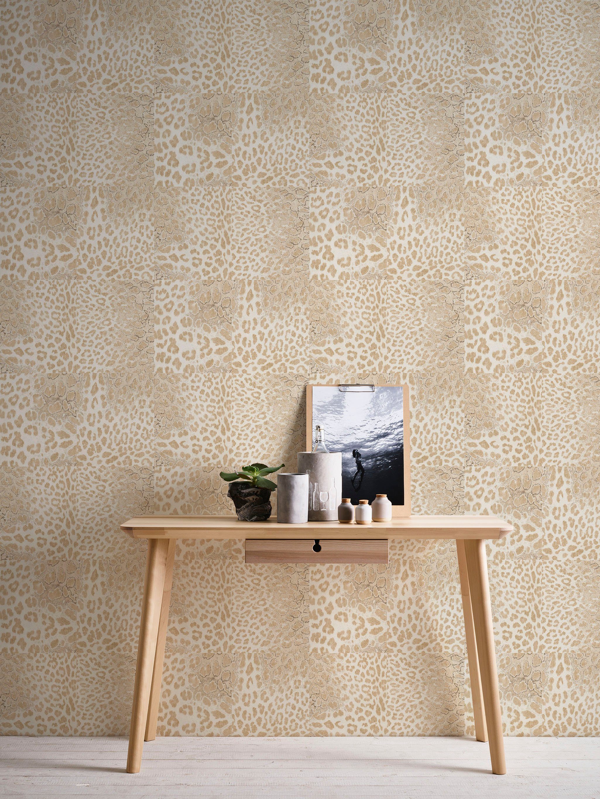 strukturiert, Tapete print, Desert Vliestapete living Lodge, beige/weiß Leopardenmuster walls Fellimitat, gemustert, animal