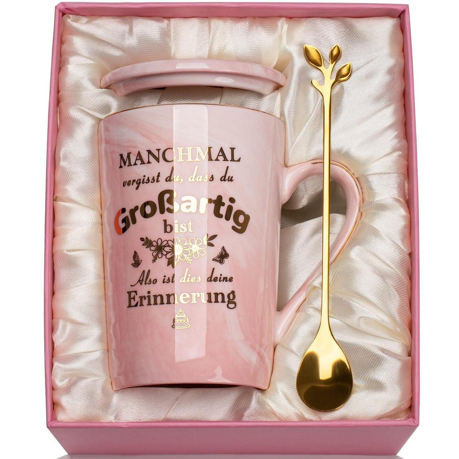 LuxusKollektion Tasse Tasse 400ml Marmor Rosa Gold mit Deckel Löffel