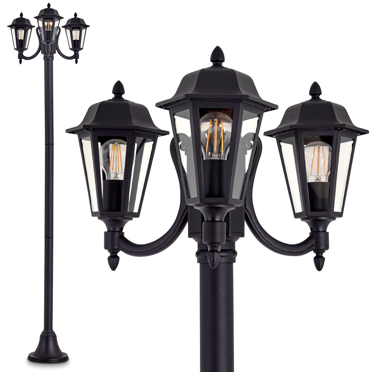 hofstein Außen-Stehlampe »Parco« Außenleuchte Kandelaber in antikem Look, ohne Leuchtmittel, Aluguss in Schwarz matt mit Milchglas-Scheiben, 3-armig, E27, IP44
