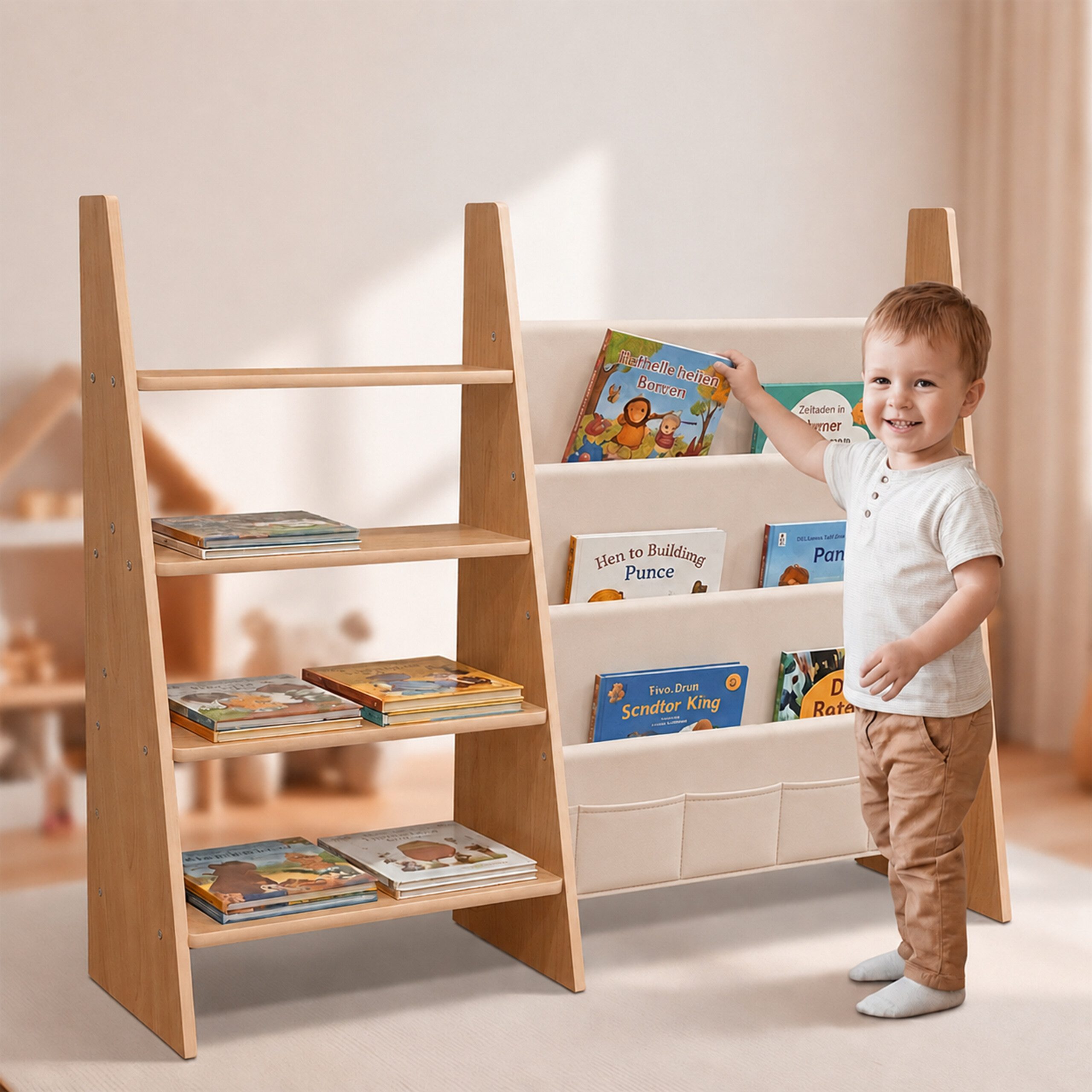 relaxdays Kinderregal Kinderbücherregal Stofftaschen & Ablagen