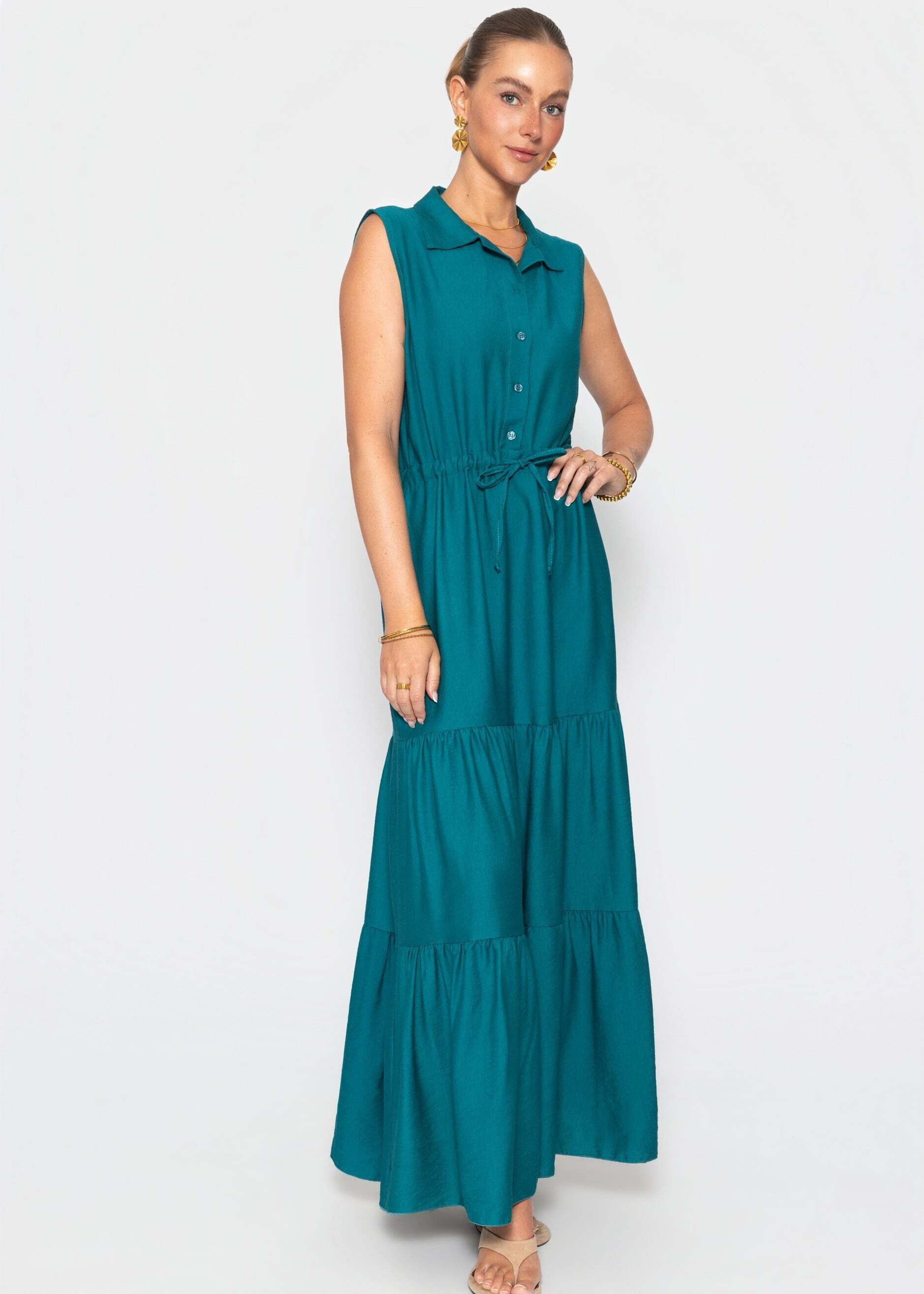 SASSYCLASSY Maxikleid Ärmelloses Kleid mit Tunnelzug für Damen Fließendes Maxikleid mit Volants und klassischem Hemdkragen Petrol
