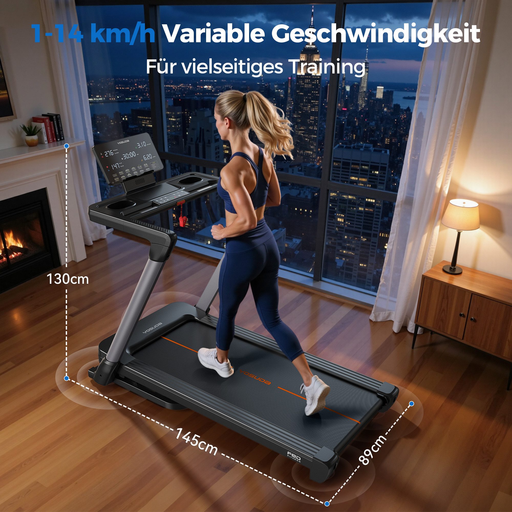 YOSUDA Laufband 1–14 km/h, 172 kg Tragfähigkeit, 14,8" LED-Display & Bluetooth (1-tlg), Klappbares Heimlaufband mit automatischer Steigung