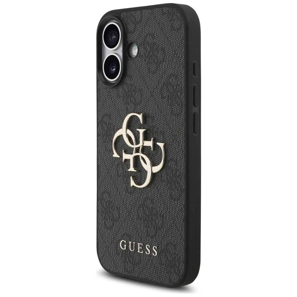 Guess Handyhülle Case iPhone 17 Kunstleder grau Big Logo goldfarbig Kette 6,3 Zoll, Kantenschutz