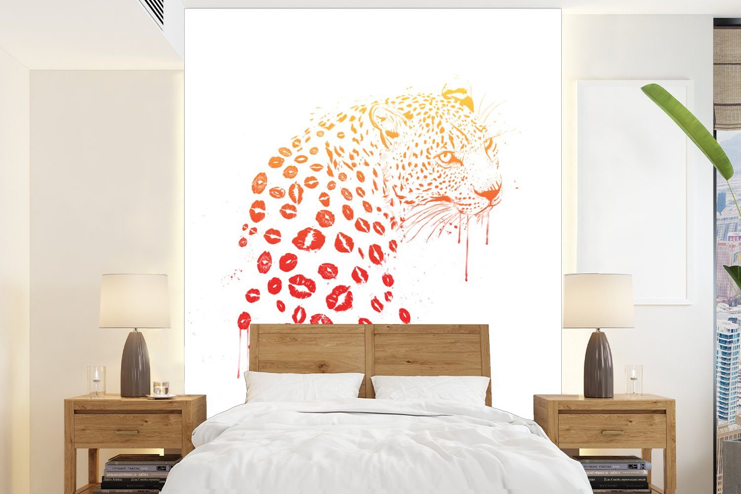für - Rot - Tapete bedruckt, (4 Wohnzimmer, Vinyl Matt, Wandtapete Fototapete Lippen MuchoWow Leopard - Tiere Design, - St), Montagefertig