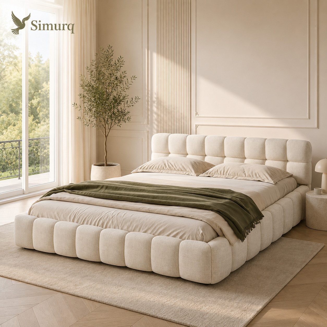 Simurq Polsterbett Doppelbett 140x200 aus Leinen mit Lattenrost (Bettgestell mit Lattenrost, 2 Pakete, Werkzeug inklusive), Leinenbezug, 250 kg Tragkraft