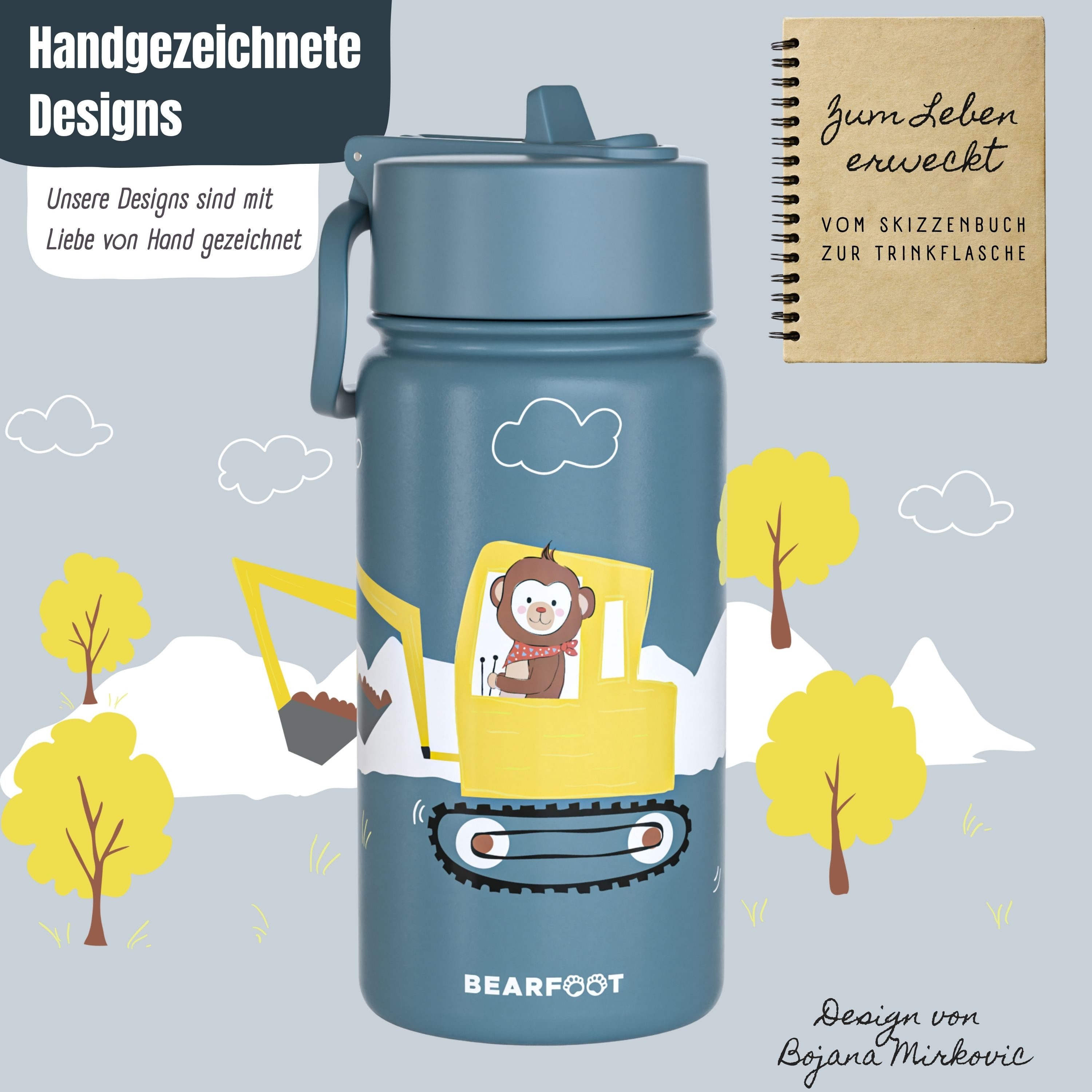 BEARFOOT Trinkflasche Thermo Kinder Trinkflasche Edelstahl - Bagger, Thermosflasche, auslaufsicher, Edelstahl, Kinderflasche, BPA-frei