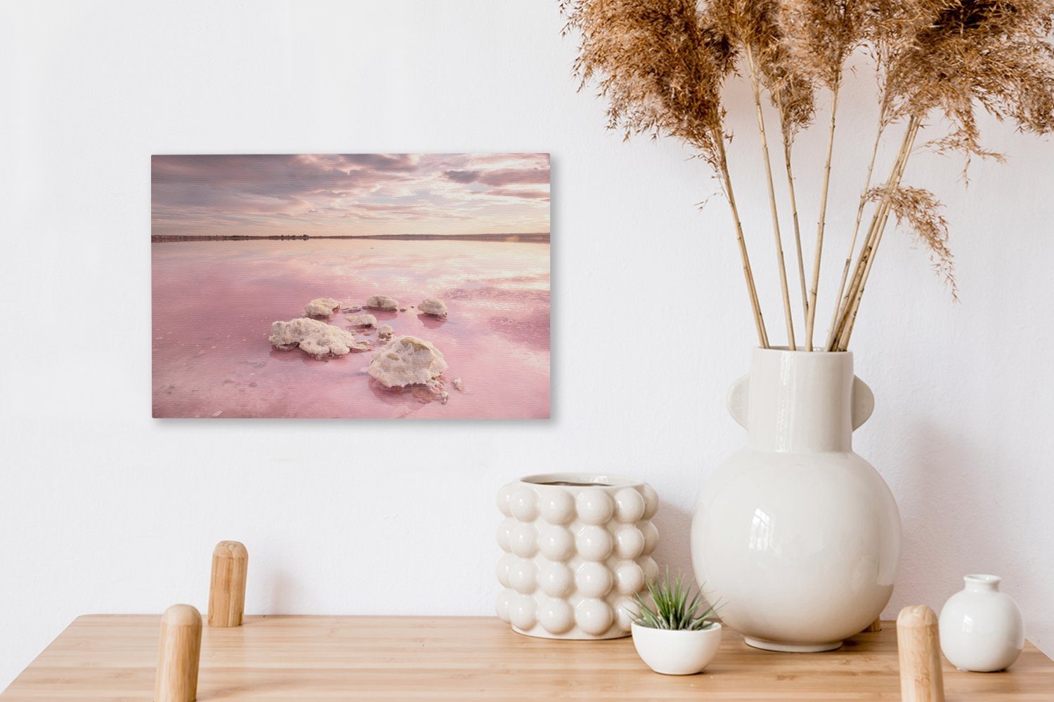 OneMillionCanvasses® Leinwandbild Rosa Salzsee in Aufhängefertig, Wandbild cm Wanddeko, St), (1 Spanien Sonnenuntergang, bei 30x20 Leinwandbilder