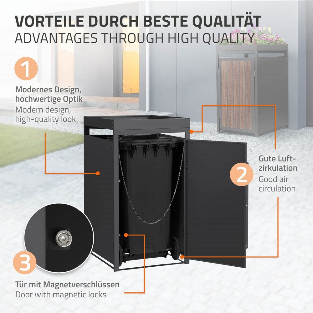 ML-DESIGN Mülltonnenbox Müllbox aus Stahl wetterfeste Mülltonnen Verkleidung Mülltonnengarage, Mülltonnencontainer mit Pflanzdach für 1 Tonne 120 oder 240 Liter