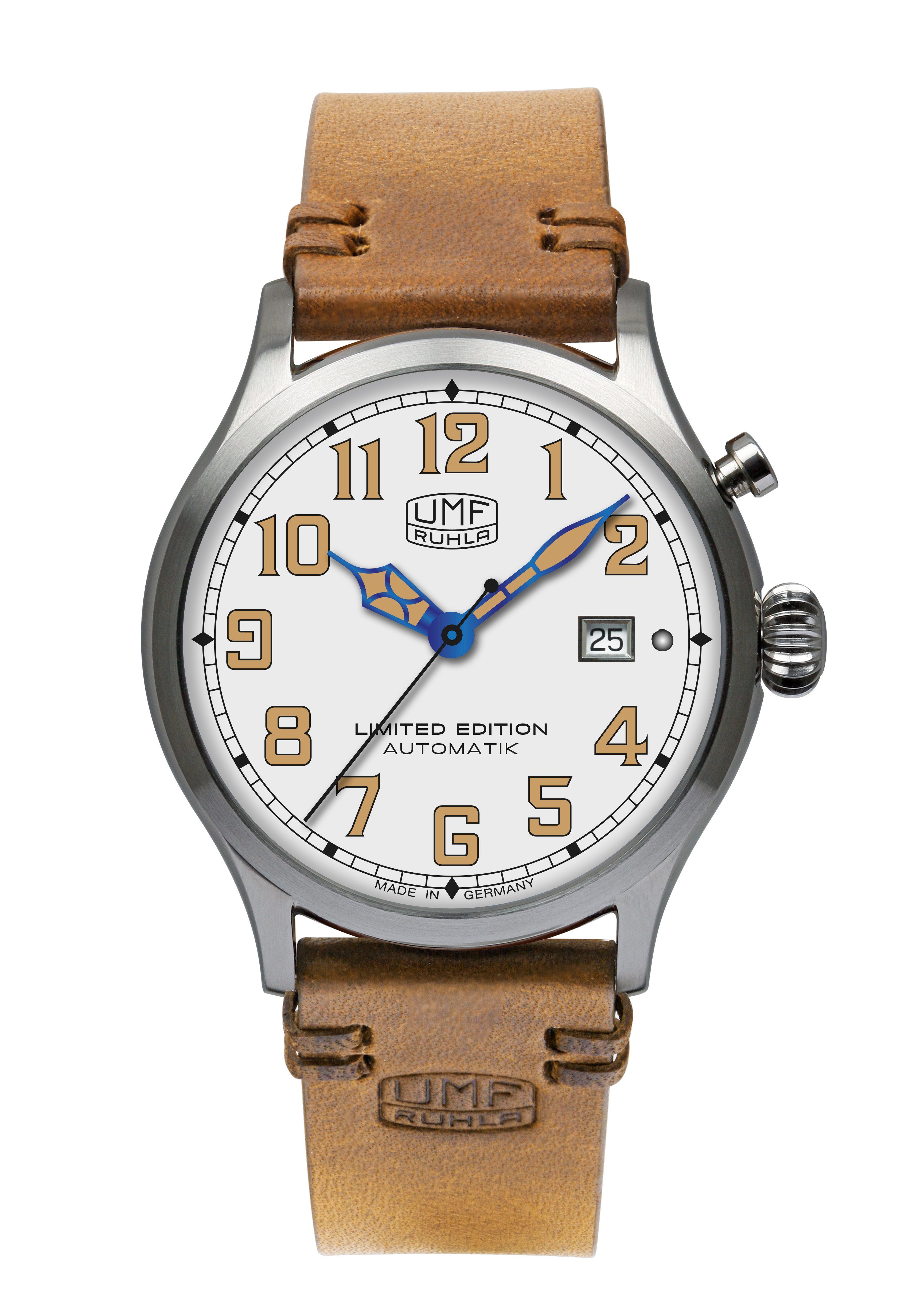 UMF Ruhla Automatikuhr 1256-1, Limited Edition Herrenuhr, mit Sprungdeckel, braunes Horween-Lederband - Made in Germany