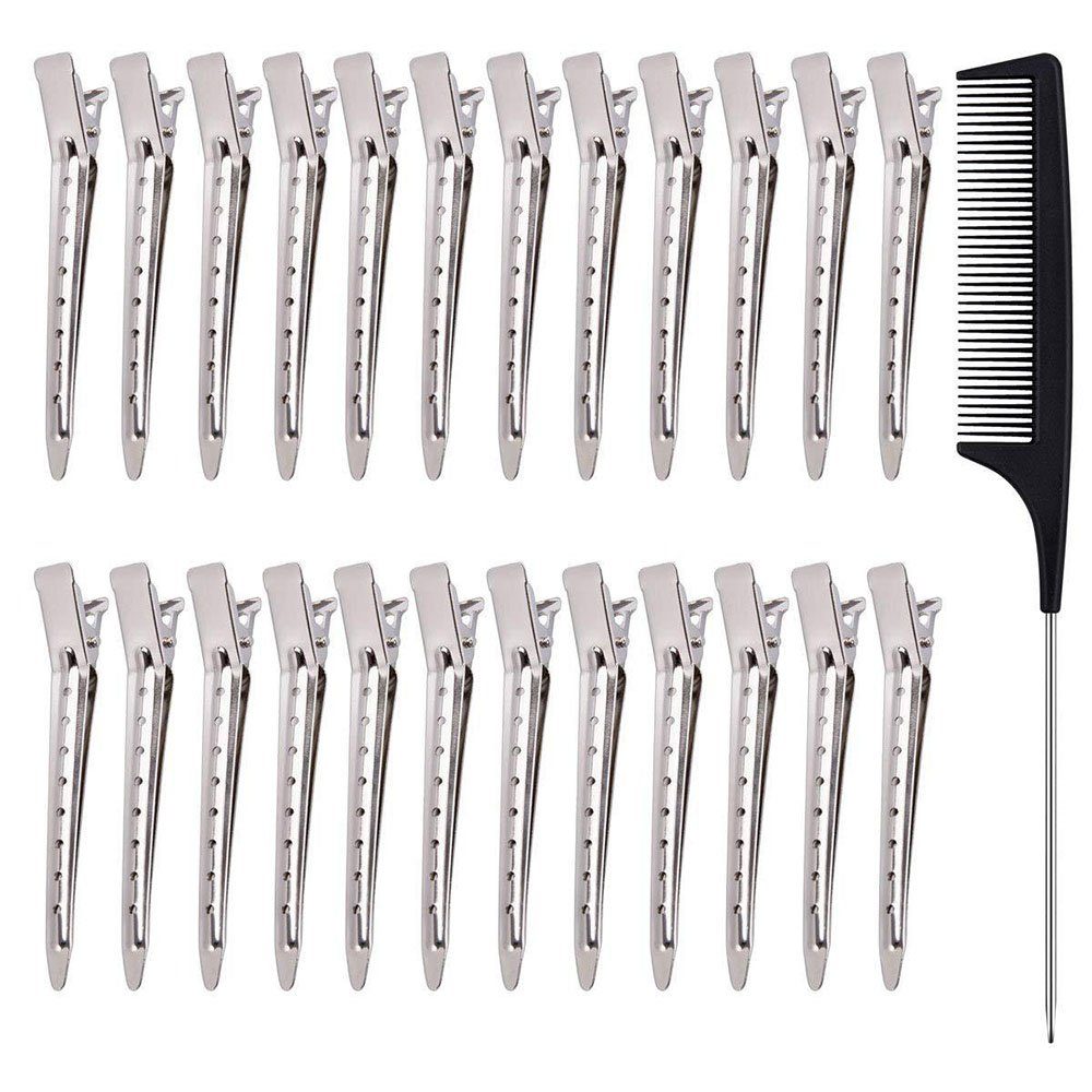 CTGtree Haarklammer 24 Stück Haarspangen Abteilklammern Friseurbedarf Stahl Haarclips, 25-tlg. Silber