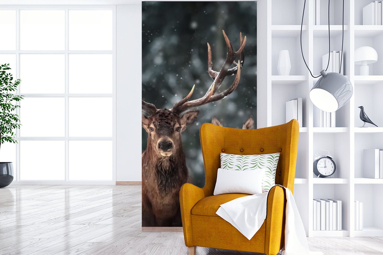 Natur, Schlafzimmer Küche, MuchoWow Fototapete Hirsche Tiere Vliestapete - Winter Geweih - bedruckt, Fototapete St), für - - Schnee Wohnzimmer (2 Matt, -