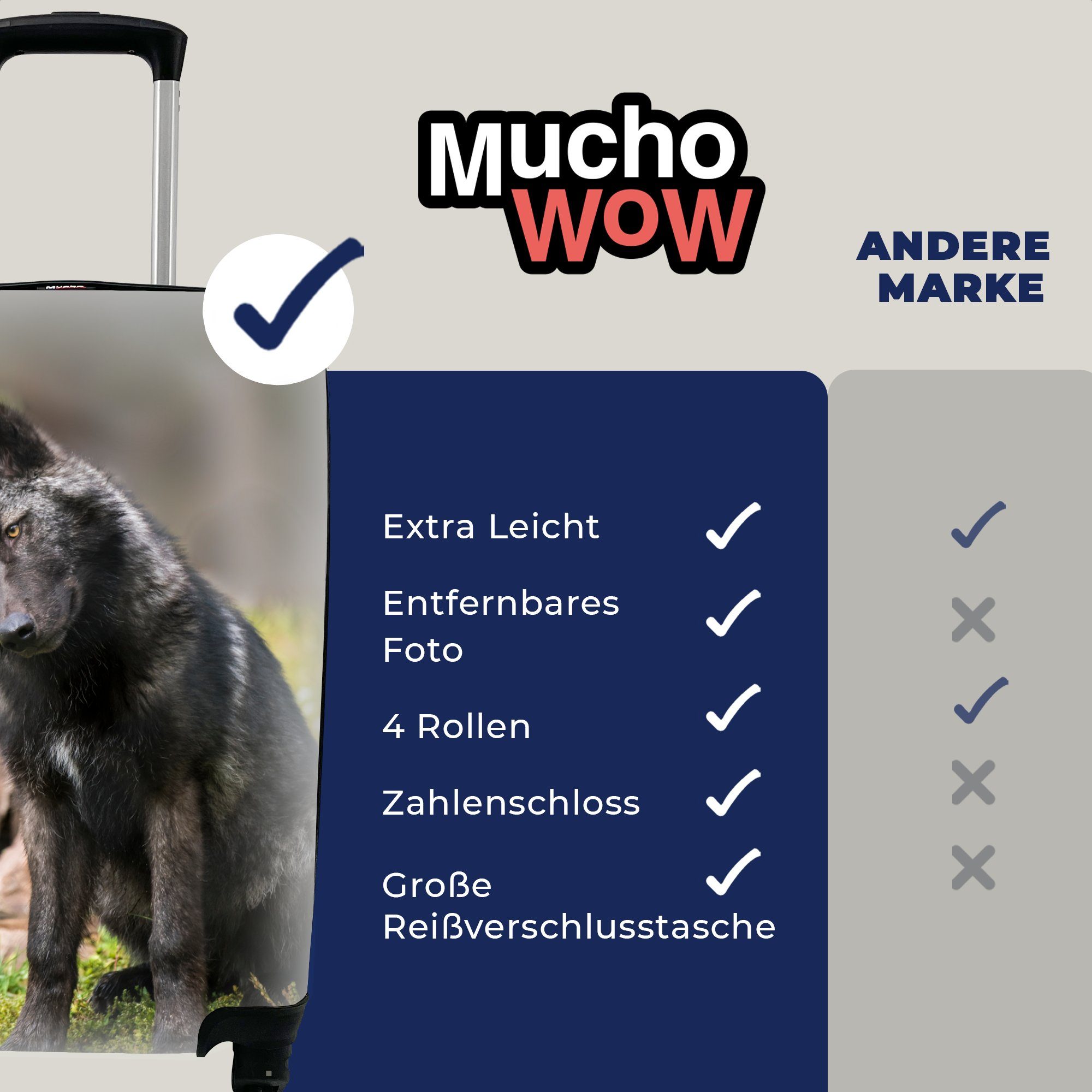 MuchoWow Handgepäckkoffer mit Handgepäck Gras, rollen, Rollen, 4 für Schwarz Wolf - Trolley, - Reisekoffer Ferien, Reisetasche