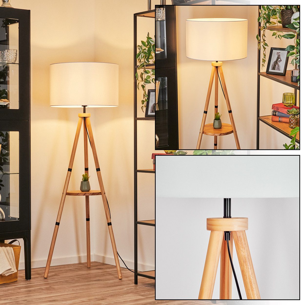 hofstein Stehlampe Stehlampe aus Holz/Metall im modernen Boho-Design mit Fußschalter, Stehleuchte mit Ablagefläche u. Schirm aus Stoff, Ø 50 cm, 153 cm, E27