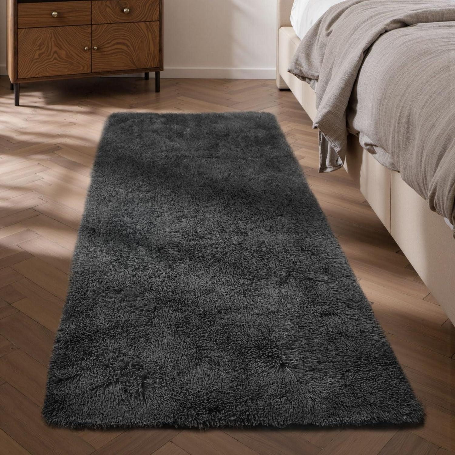 LuxusKollektion Langflor-Teppich Teppich Schlafzimmer 80x160cm Dunkelgrau, rechteckig, Höhe: 40 mm
